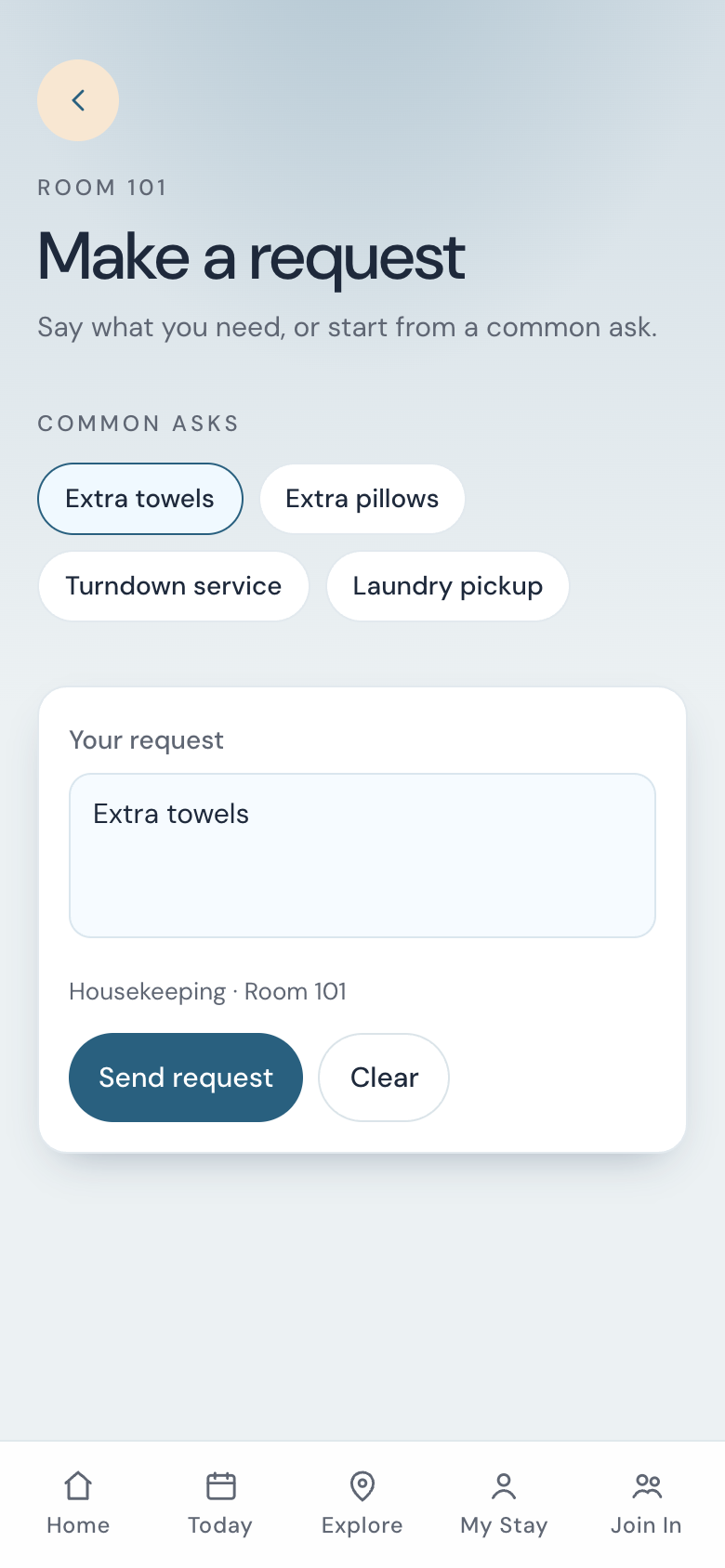 Make a request with Extra towels chosen, Housekeeping and Room 101, and Send request.