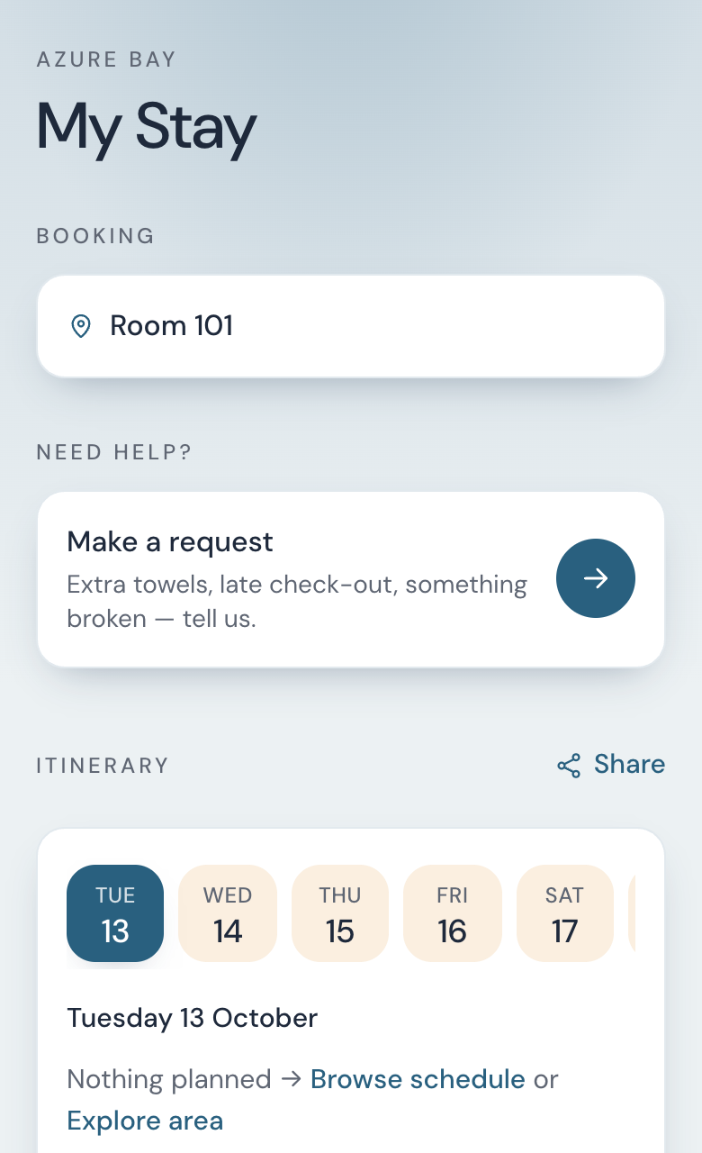 My Stay with Room 101 and a Make a request card under Need help.