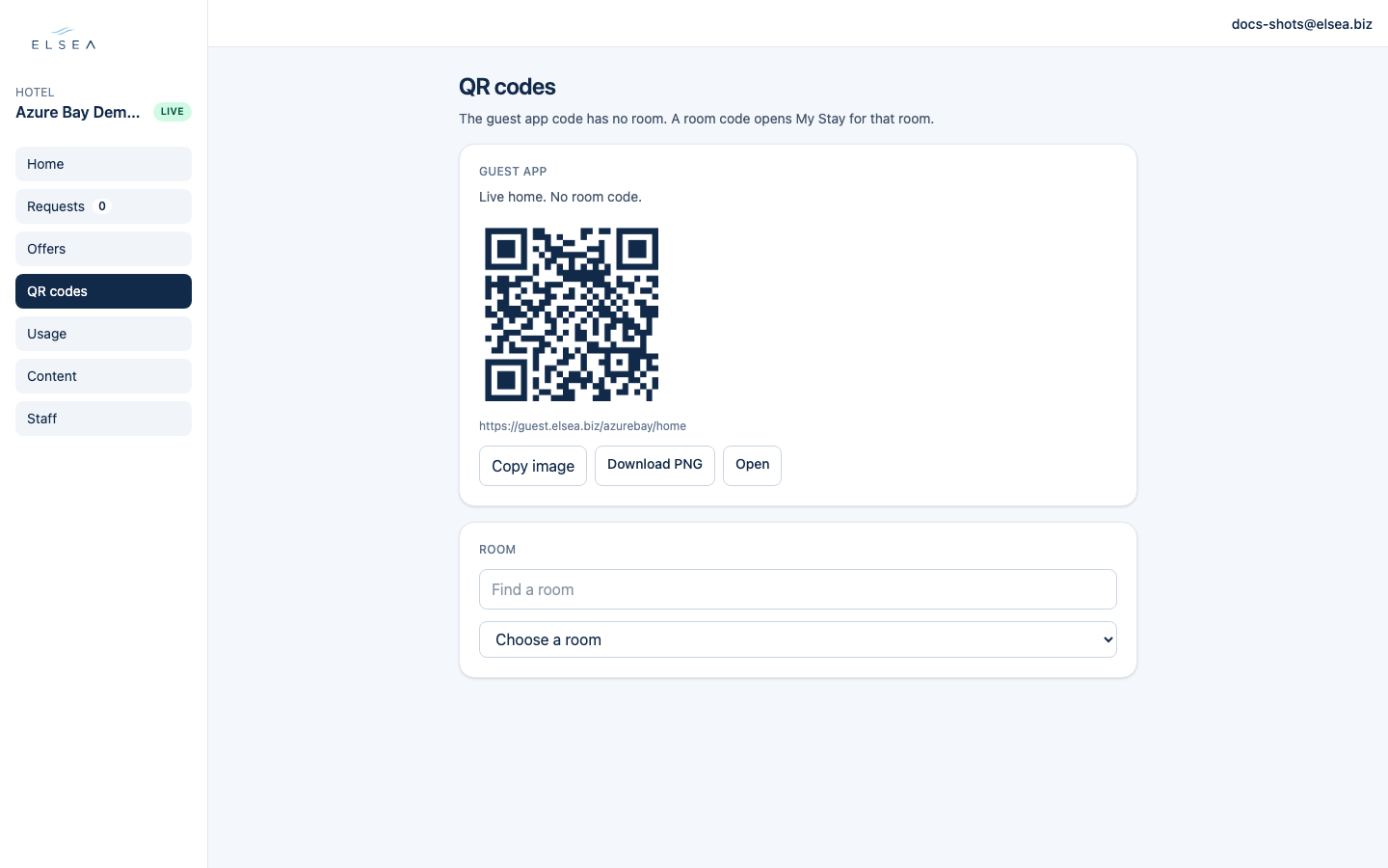 Staff QR codes on desktop: guest-app lobby QR and room picker.