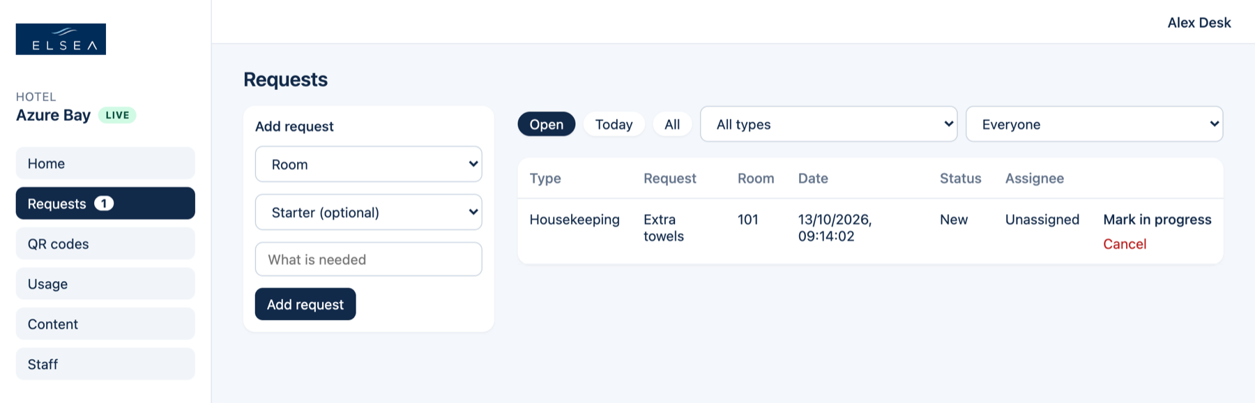 Requests with Open selected, one new housekeeping ask for room 101, and Mark in progress.