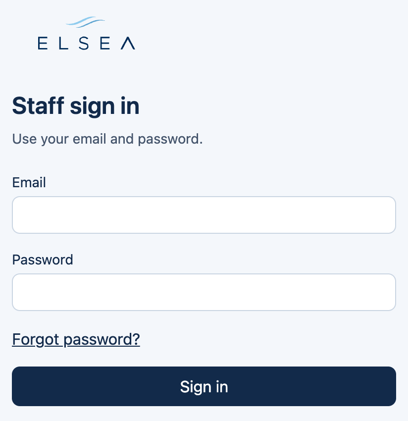 Staff sign in with email, password, Forgot password, and a Sign in button.